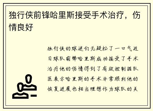 独行侠前锋哈里斯接受手术治疗，伤情良好