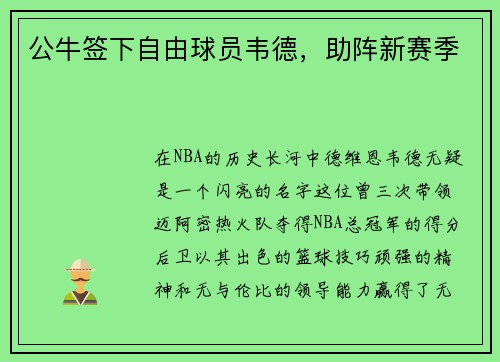 公牛签下自由球员韦德，助阵新赛季