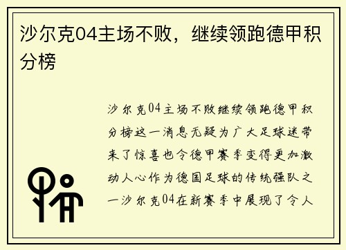 沙尔克04主场不败，继续领跑德甲积分榜